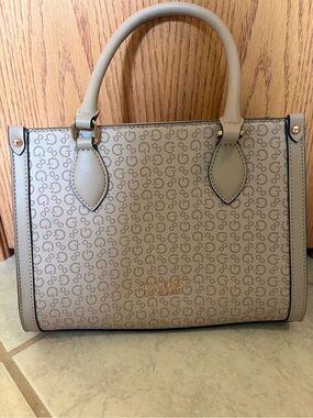 GUESS Beige Logo Satchel with Gold Hardware